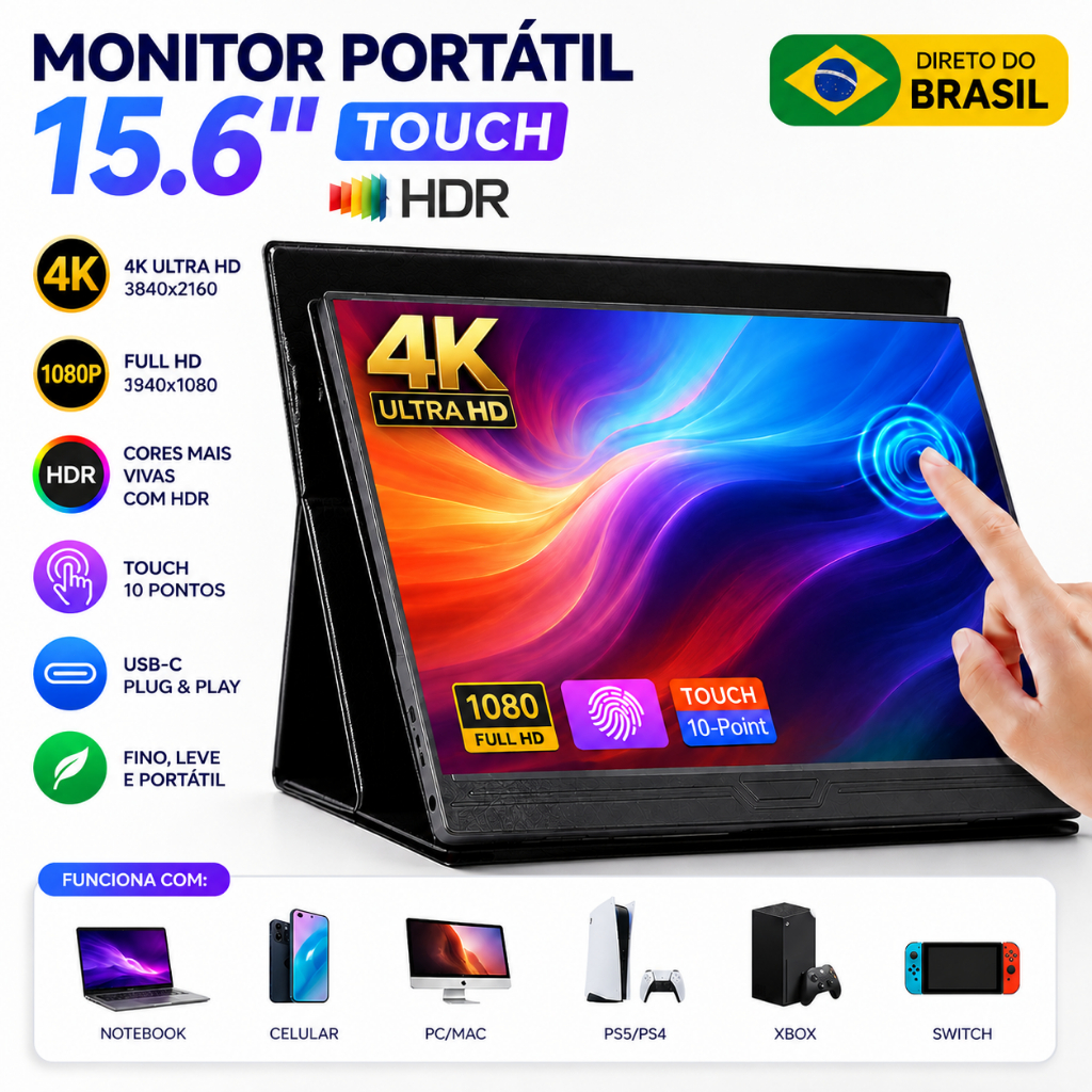 Monitor Portátil 15.6" 4K Full HD IPS | USB-C e HDMI | Áudio Integrado | Ultrafino e Leve | PC, Mac e Console