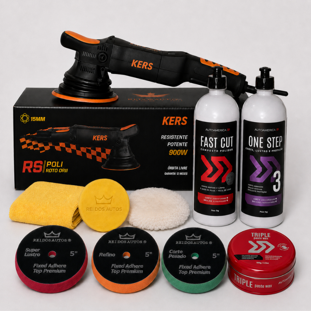 Kit Politriz Roto Orbital Kers RS 15mm 220V + Fast Cut + One Step + Cera Carnauba 100g + Boina La + Boinas Top Premium 5