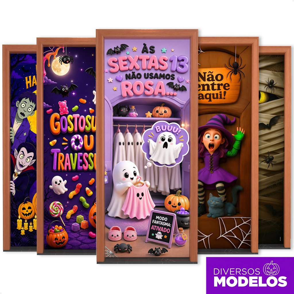 Capa de Porta Halloween Infantil Decorativa Dia das Bruxas 0,80x2,1m Veste Porta Sublimado Em Tecido