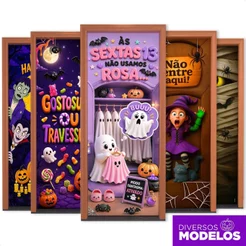 Capa de Porta Halloween Infantil Decorativa Dia das Bruxas 0,80x2,1m Veste Porta Sublimado Em Tecido