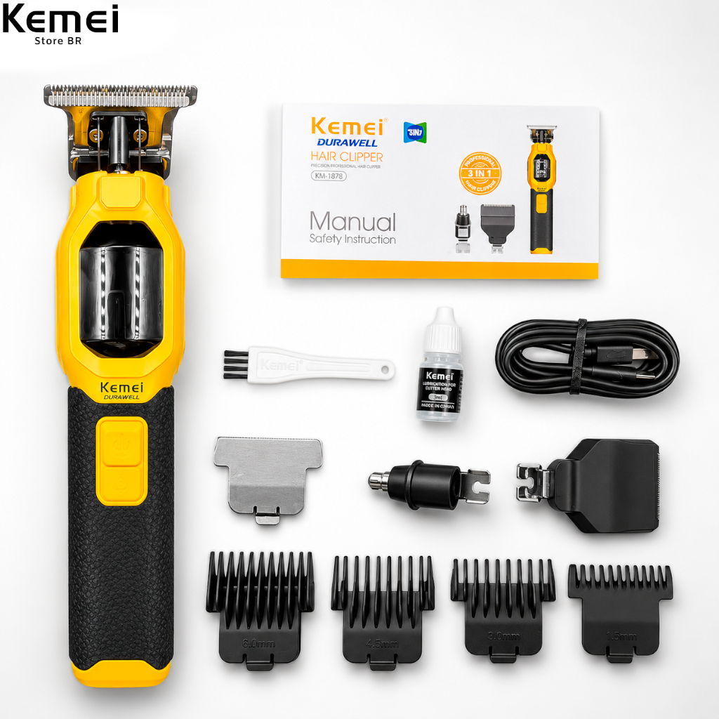 Máquina De Cortar Cabelo Visor LCD Recarregável Profissional 3 em 1 Kemei Km-1878