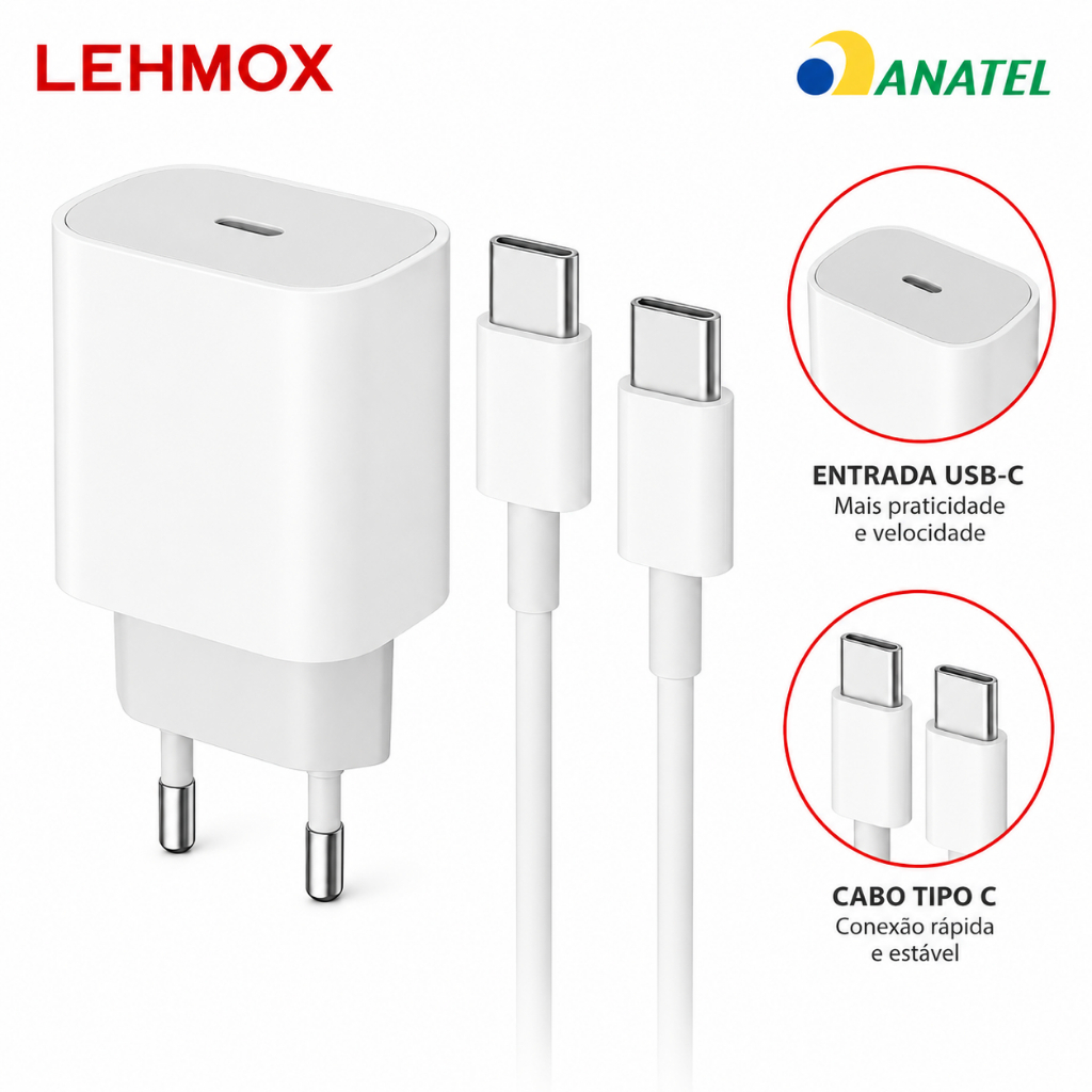 Fonte Carregador Turbo 25W + Cabo Carregador Rápido Tipo C USB-C Original Lehmox