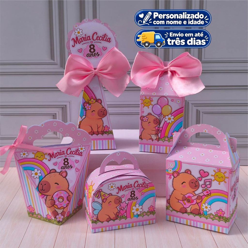 kit Personalizados Lembrancinha Capivara Fofa Menina / festa infantil / Caixinhas-Pegue Monte