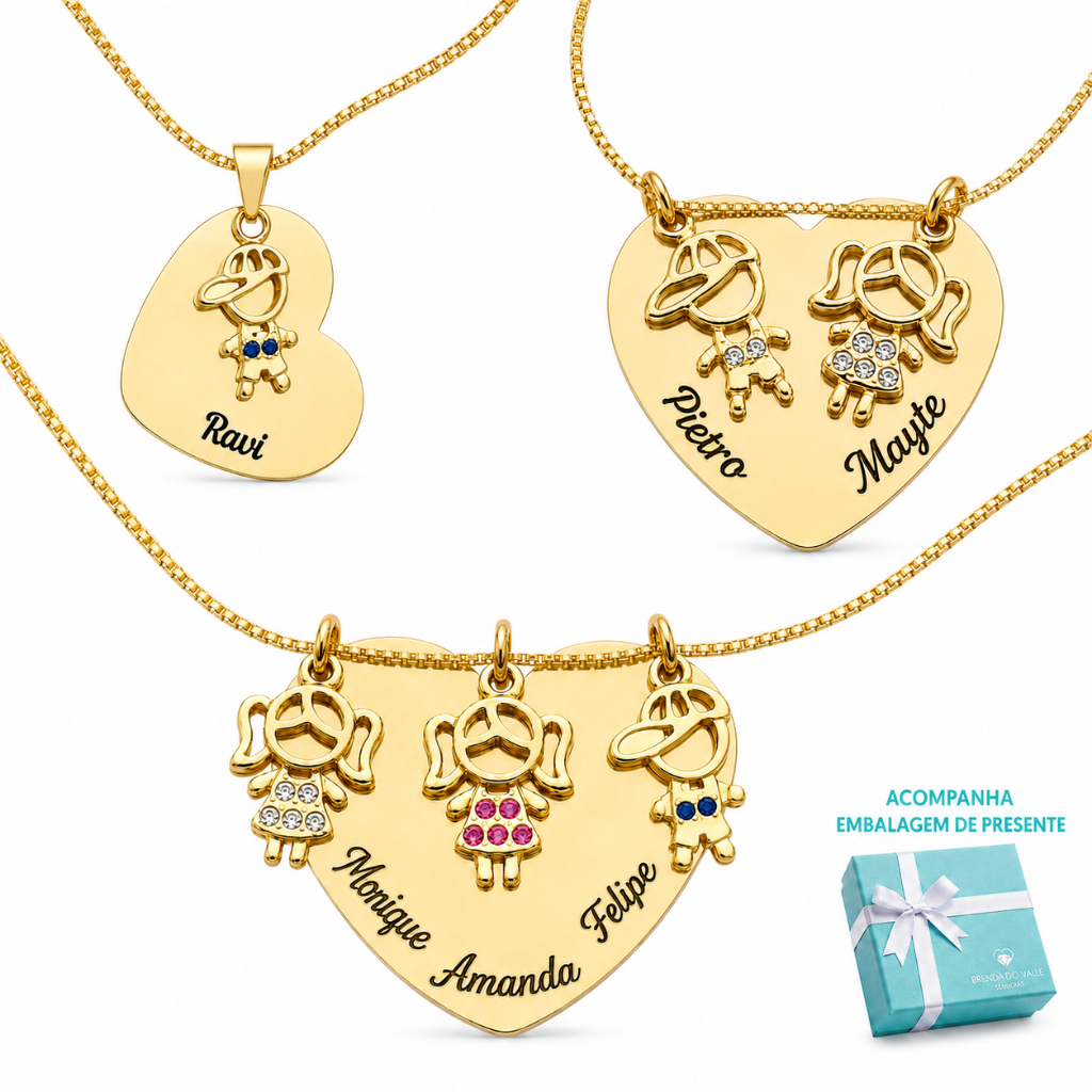 Colar Coração Personalizado Filhos Nomes Banhado Ouro 18K
