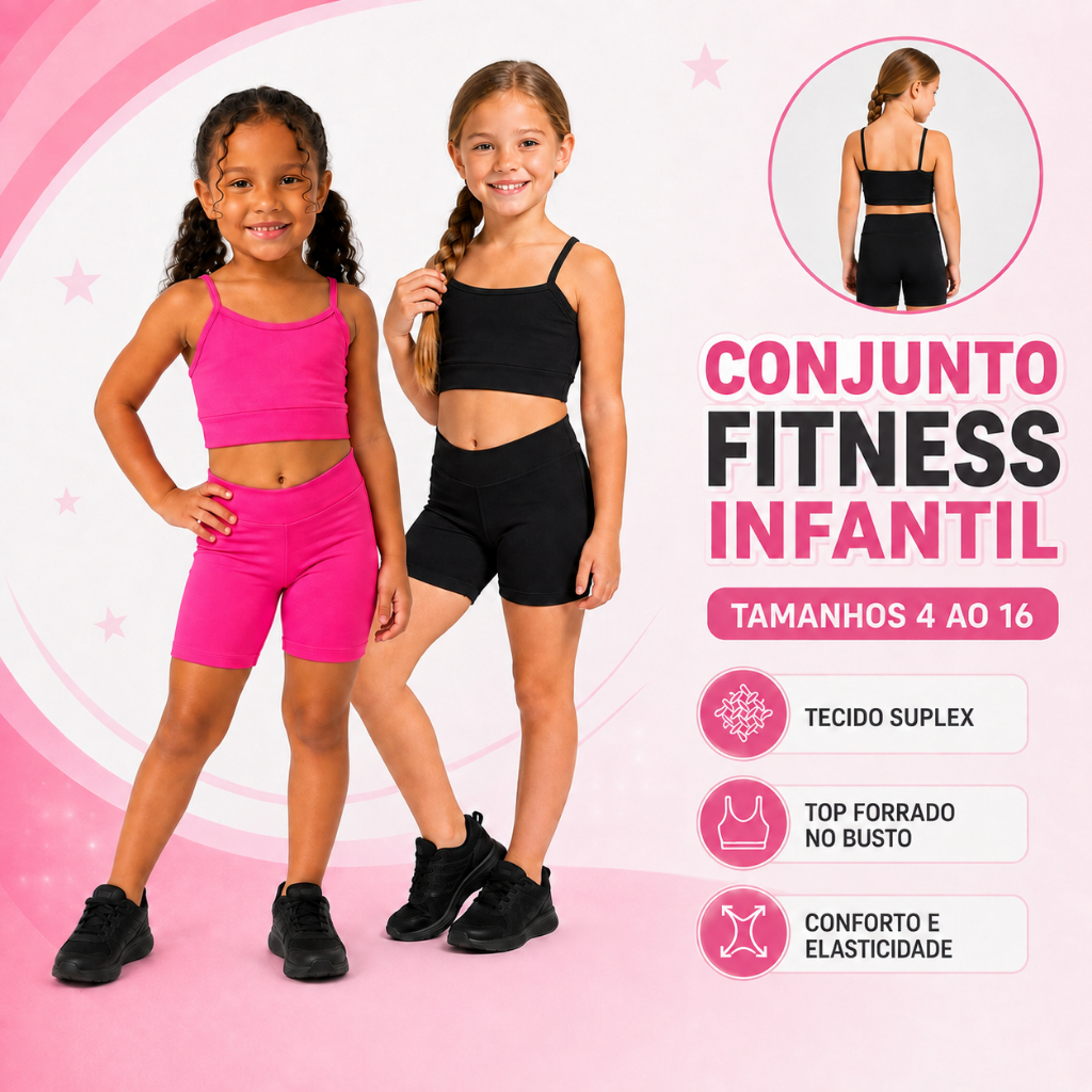 Conjunto Infantil Academia Short Cós Alto + Top Alça Sem Bojo Criança Menina Uniforme Escolar Esportivo