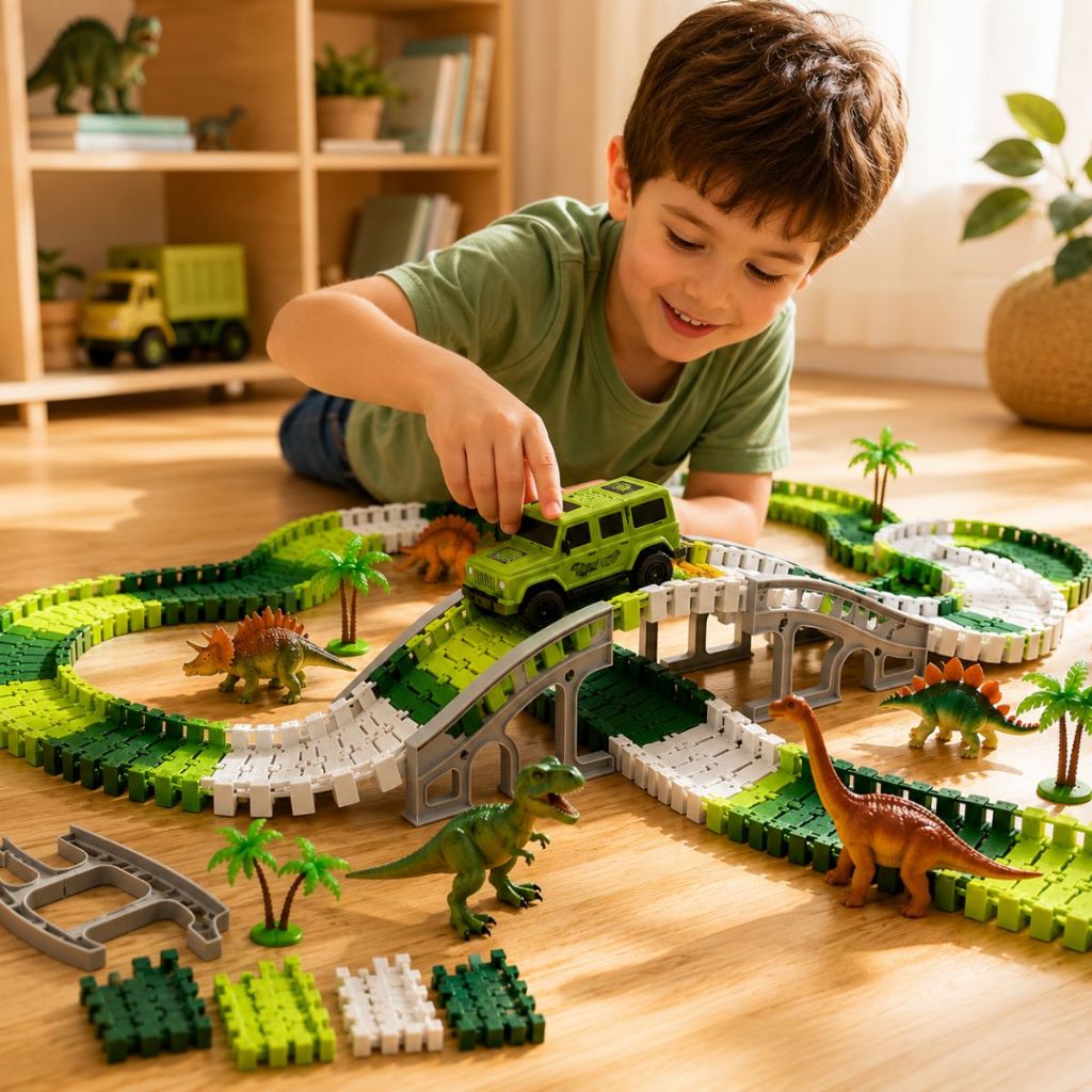 Pista Dinossauro Montável Educativo Anti-Gravidade Trilhos Flexíveis Infantil 194/259 Peças Alta Velocidade