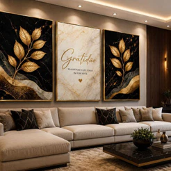 Kit 3 Quadros Decorativos Gratidão Folhas Douradas Luxo
