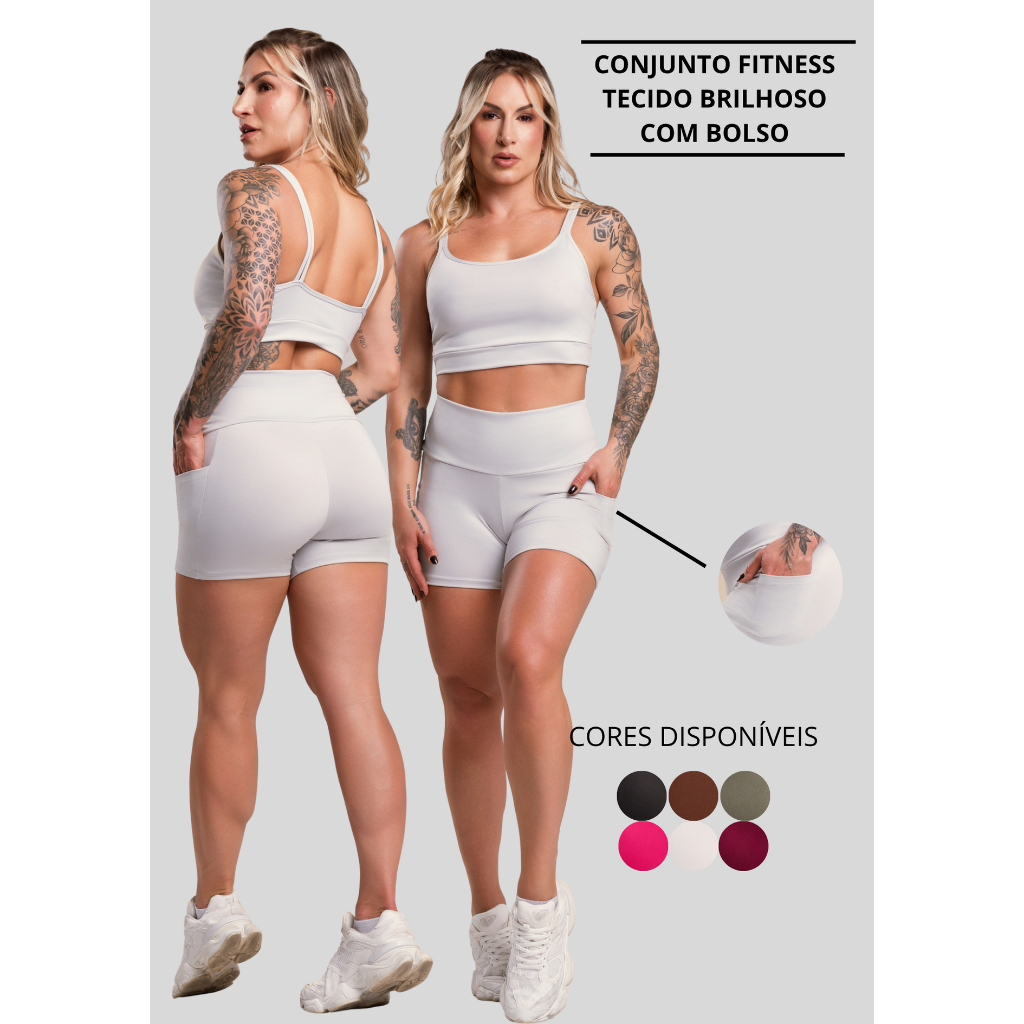 Conjunto Fitness Feminino Brilhoso Academia Top Alcinha e Short Com Bolso Cintura Alta Brilho Look ZERO TRANSPARÊNCIA