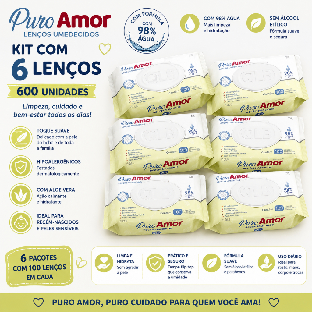 Kit 6 Pacotes Lenços Umedecidos Puro Amor RN – Total 600 Unidades (98% Água)