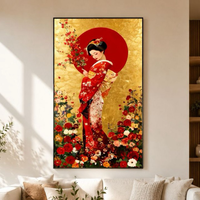 Quadro Decorativo Grande 1,10x70 Cm Gueixa Japonesa Quimono Vermelho Arte Oriental Fundo Dourado