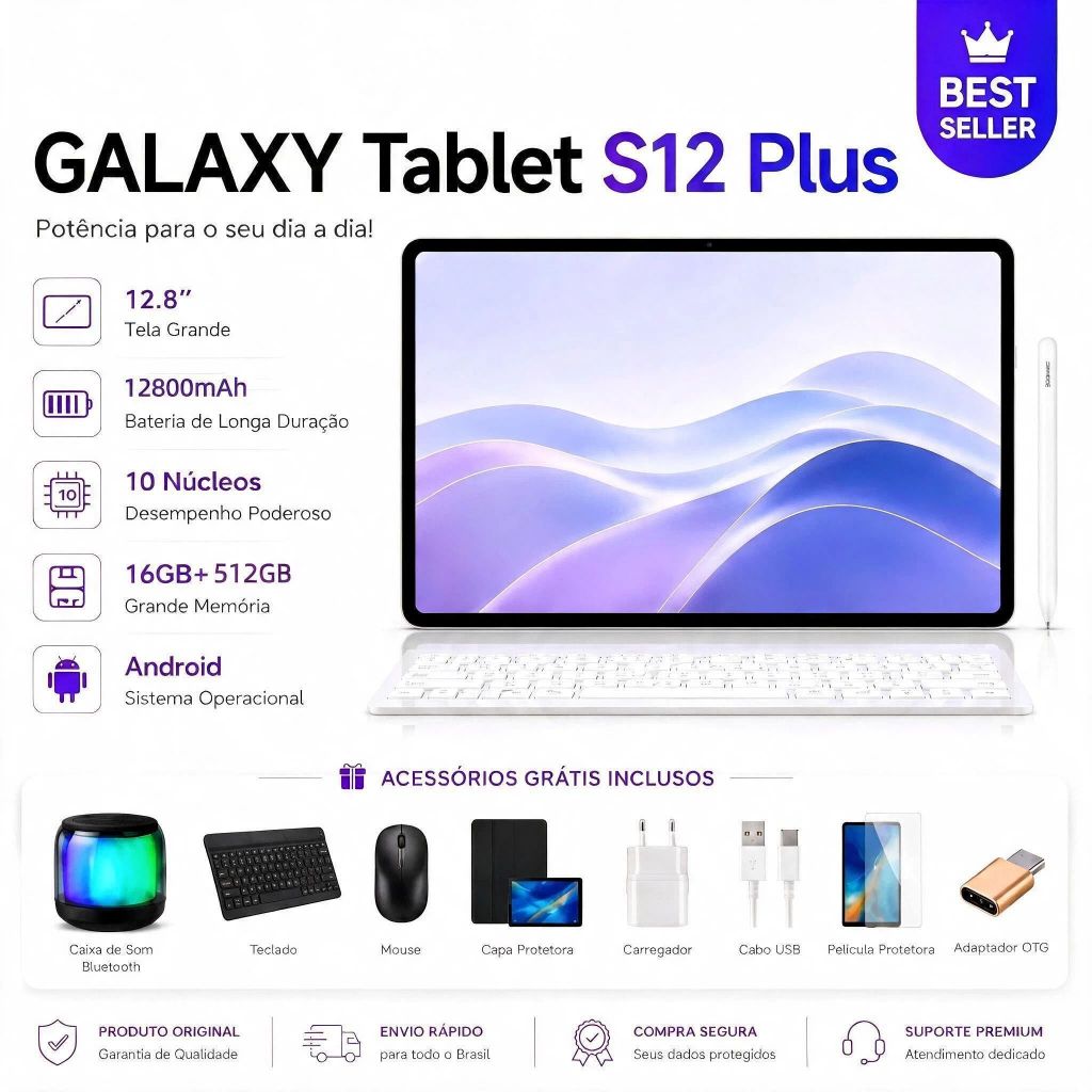 Tablet Galaxy S12Plus Wi-Fi Tela 12.8 Polegadas 120Hz, 16GB+512GB Câmera 12800mAh 24MP+48MP Prata Presente para família