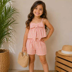 Conjunto Infantil Menina Bata com Laço + Short Listrado Tecido Fresquinho Verão
