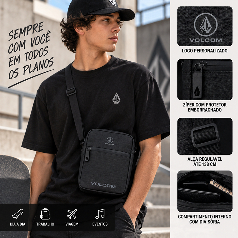 Bolsa Transversal Volcom Masculina Shoulder Bag Pequena Alça Regulável Cinza · foto 2