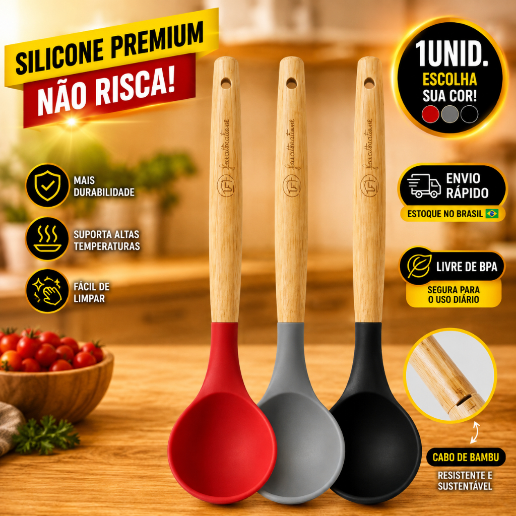 Concha Silicone Cabo Bambu Utensilio Cozinha Antiaderente Nao Risca Panela Sopa Caldo Feijao Molho Resistente 230C