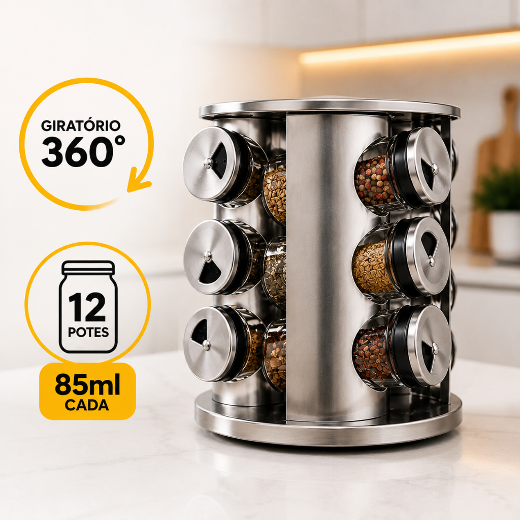 Porta Condimentos INOX 12 Potes Vidro Base 360° Cozinha Giratório Premium Tempero Restaurante