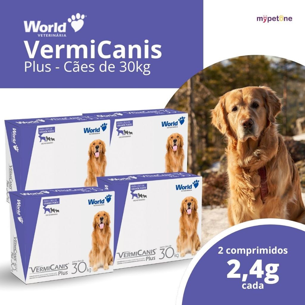 Kit 4 VermiCanis Plus Vermífugo World para Cães de 30Kg - 2 Comprimidos