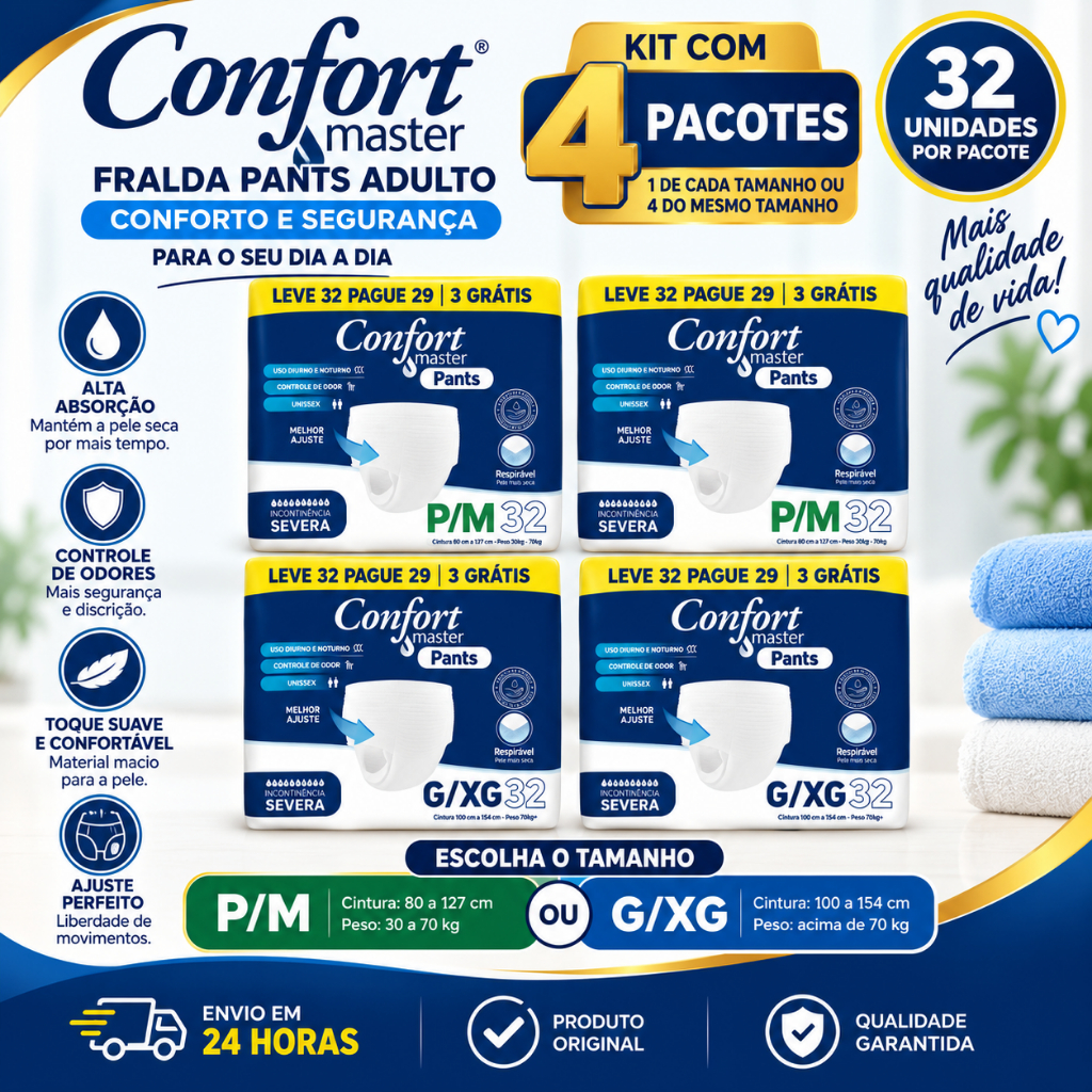 Kit 4 Pacotes Fralda Calça Geriátrica Confort Master Pants 128 Unid
