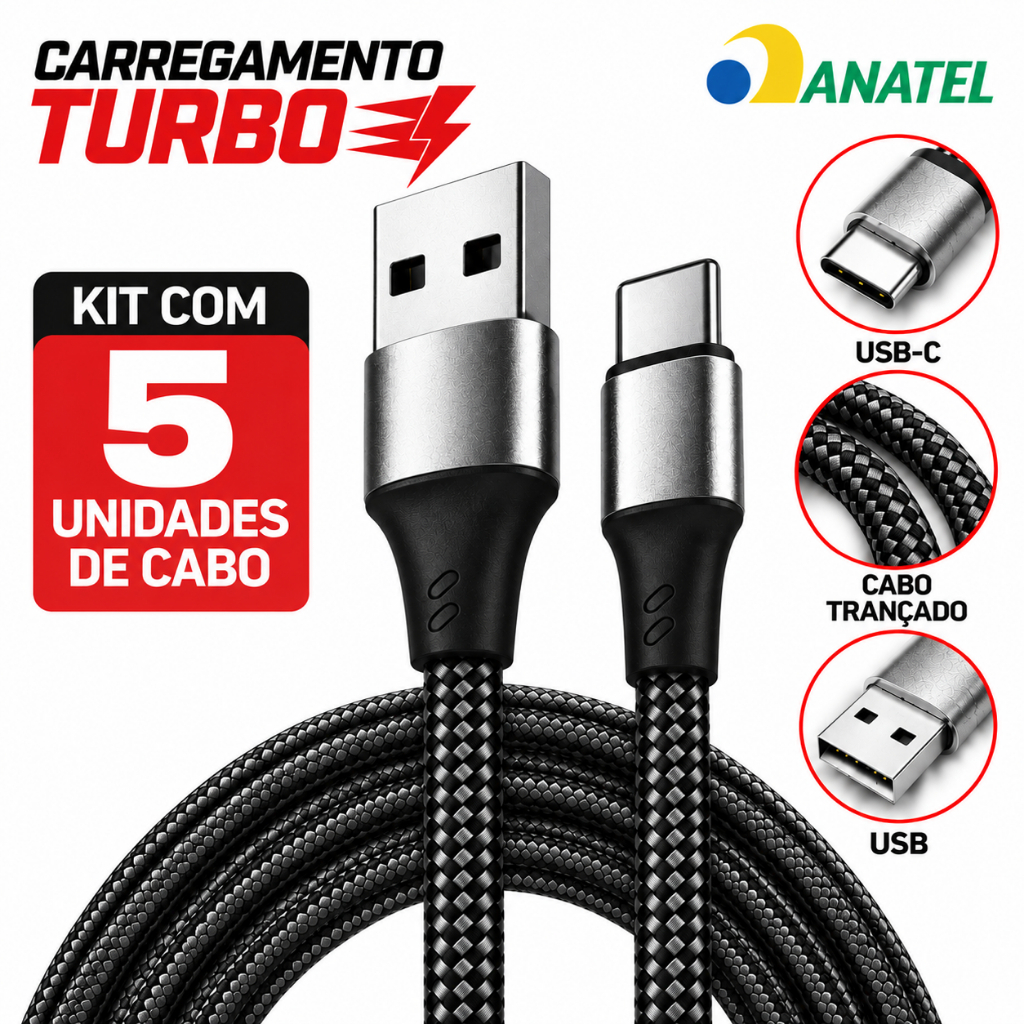 Kit 5 Cabos Carregador Tipo C 6A 120W Turbo 2 Metros Reforçado Premium Original