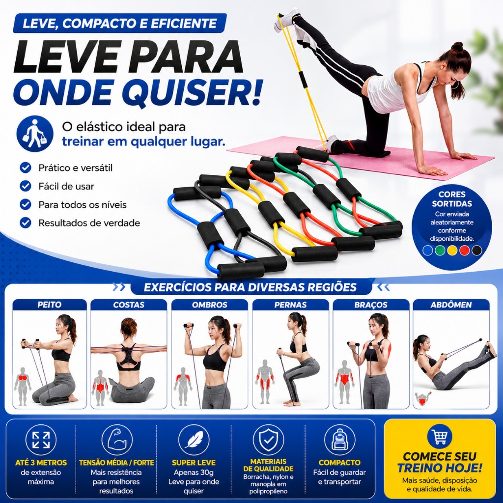 Elástico Extensor para Exercício Resistência Treino Academia Ginástica com Pegadores