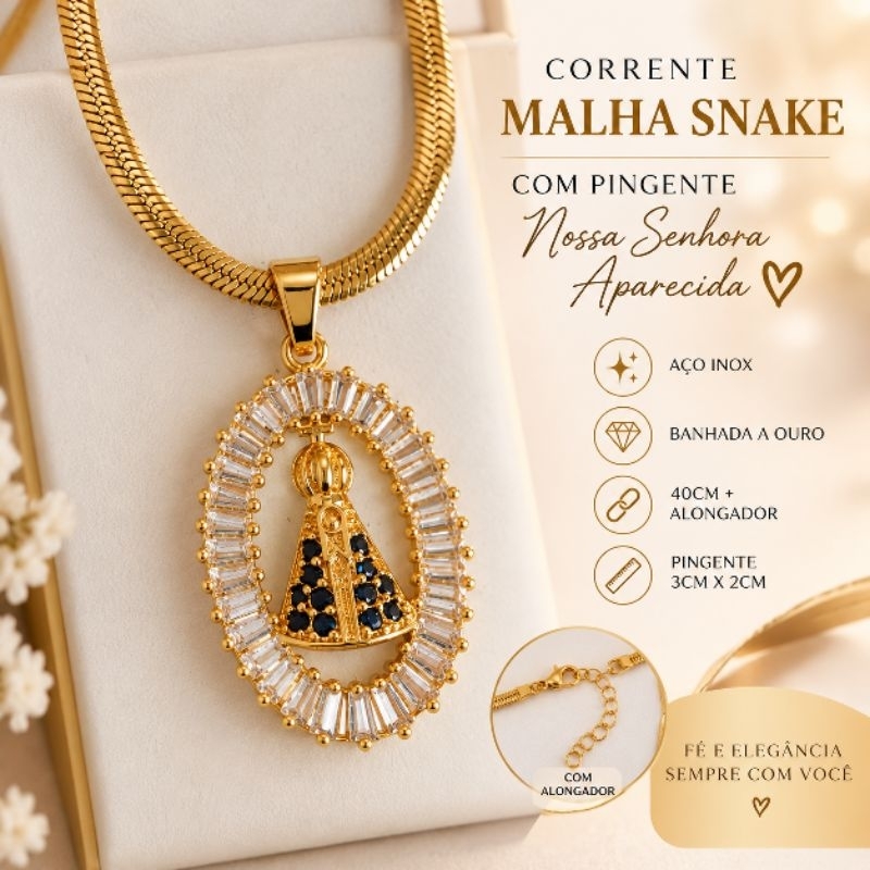 Corrente Malha Snake Aço Inox Banhada a Ouro 40cm + Alongador com Pingente Nossa Senhora Aparecida