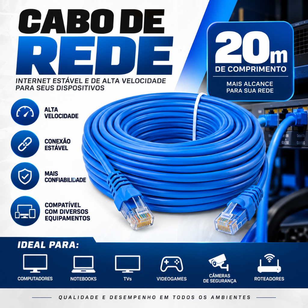 Cabo de Rede 20 Metros - Alta velocidade de Internet - RJ45 - Alto Desempenho - Gamer - Conexão Estável