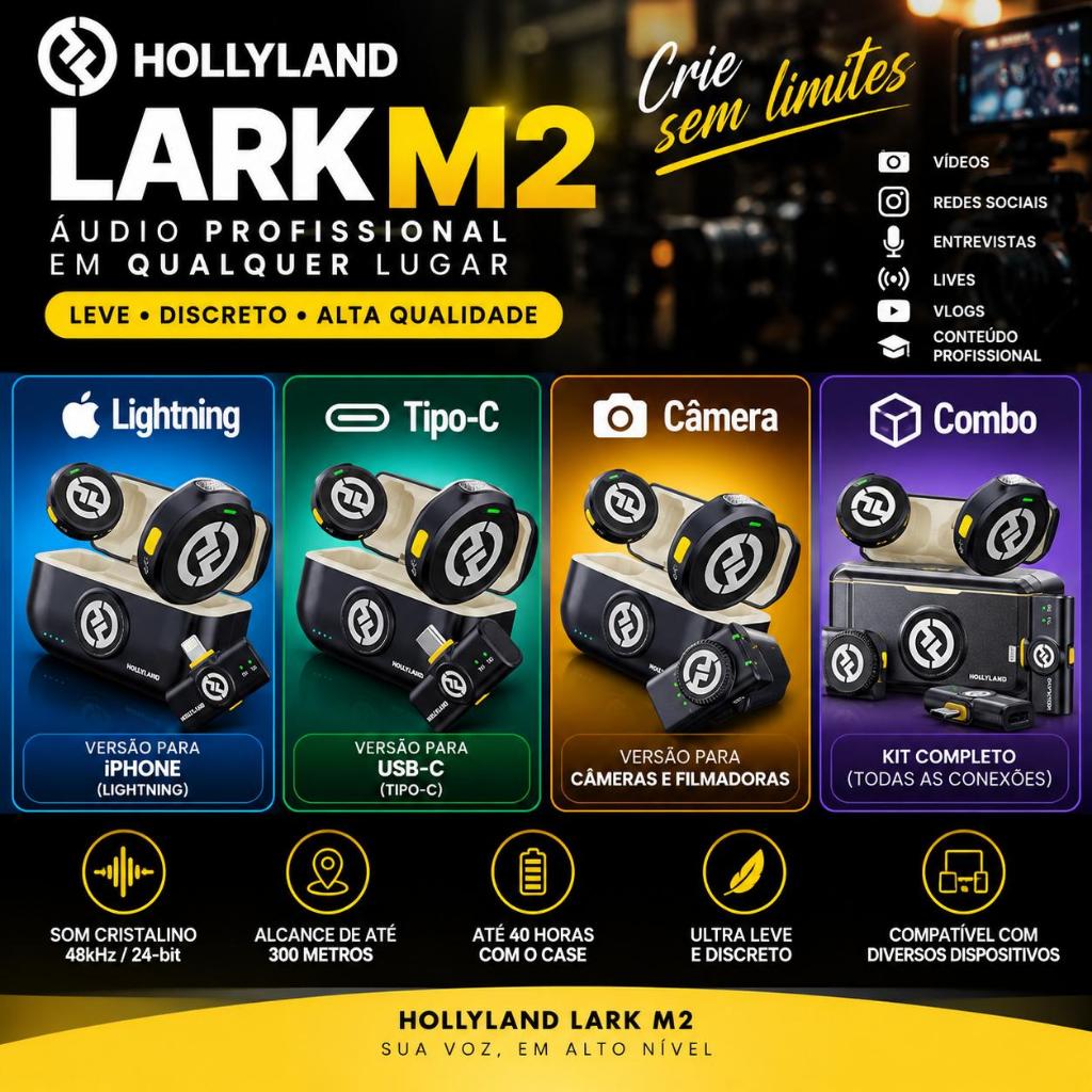 Microfone de Lapela sem fio Hollyland Lark M2 Versão Combo | Versão Lightning | Versão Tipo-C