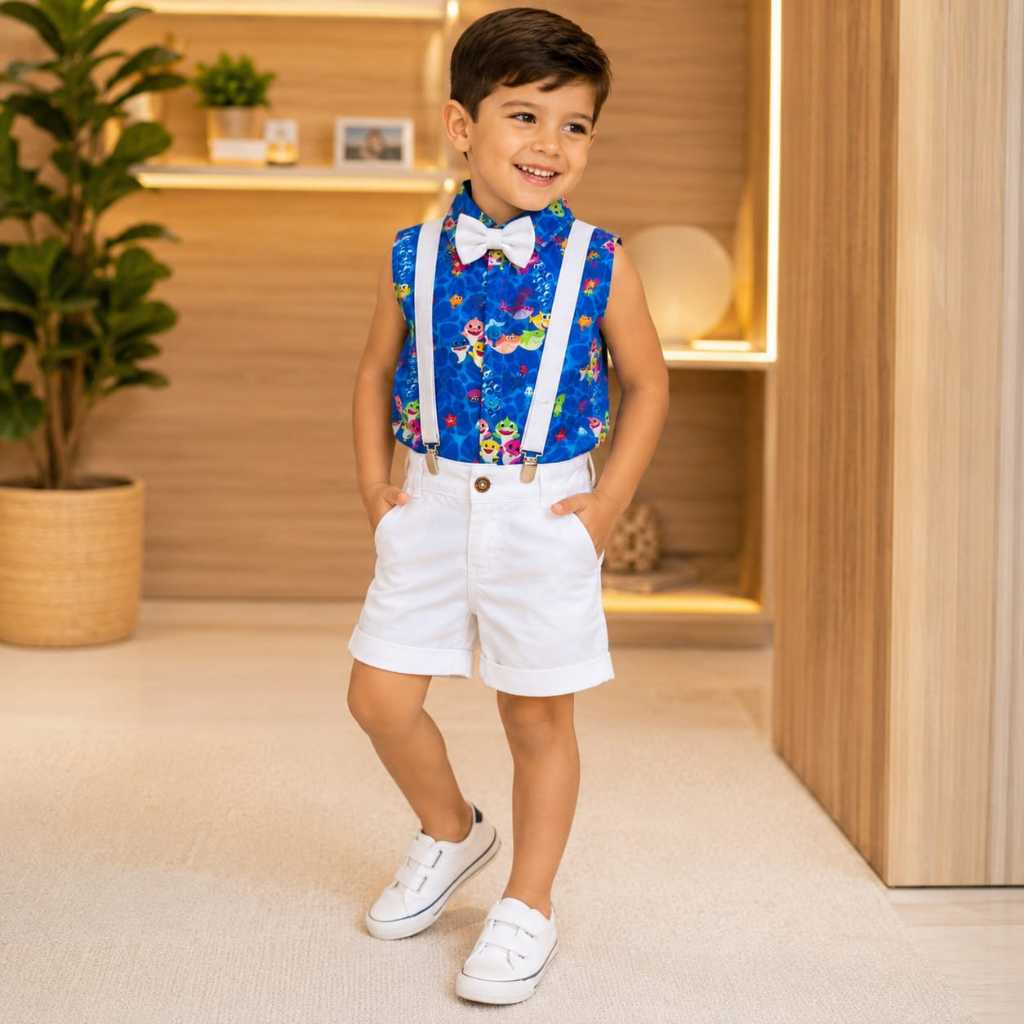 Conjunto Menino Infantil Luxo Temático Baby Shark Regata + Bermuda Branca