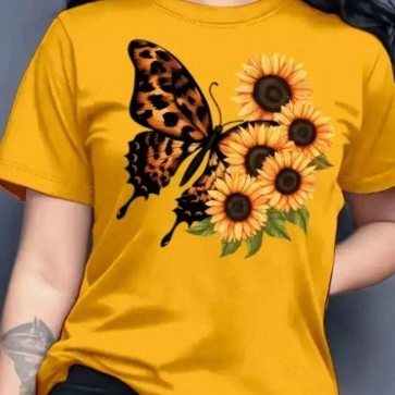 Camiseta Oversized 100% Algodão Borboleta Estampada de Onça com Girassóis Feminina Streetwear