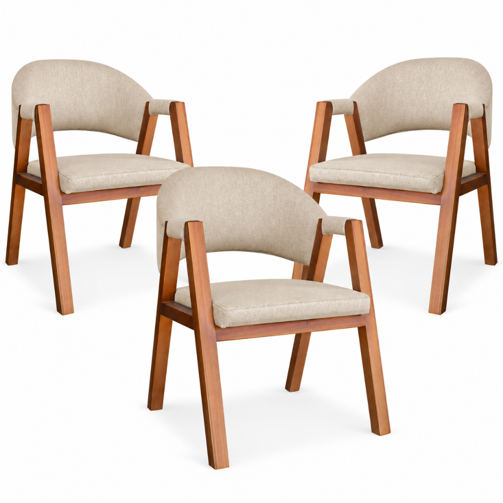 Kit 3 Cadeiras Madrid Para Sala de Jantar Madeira Maciça Luxo Linho e Courissimo
