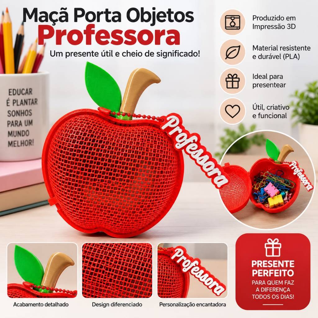 Porta Doces Maçã Personalizada para Professor Professora com Chaveiro | Lembrancinha 3D para Bombom