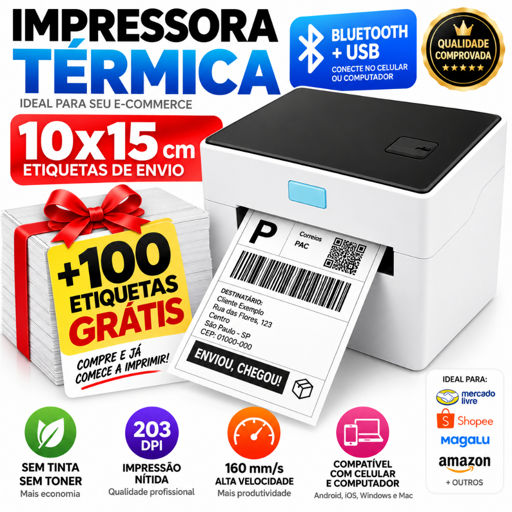 Impressora Térmica Bluetooth 10x15 USB Etiquetas Shopee Mercado Livre + 100 Etiquetas Grátis