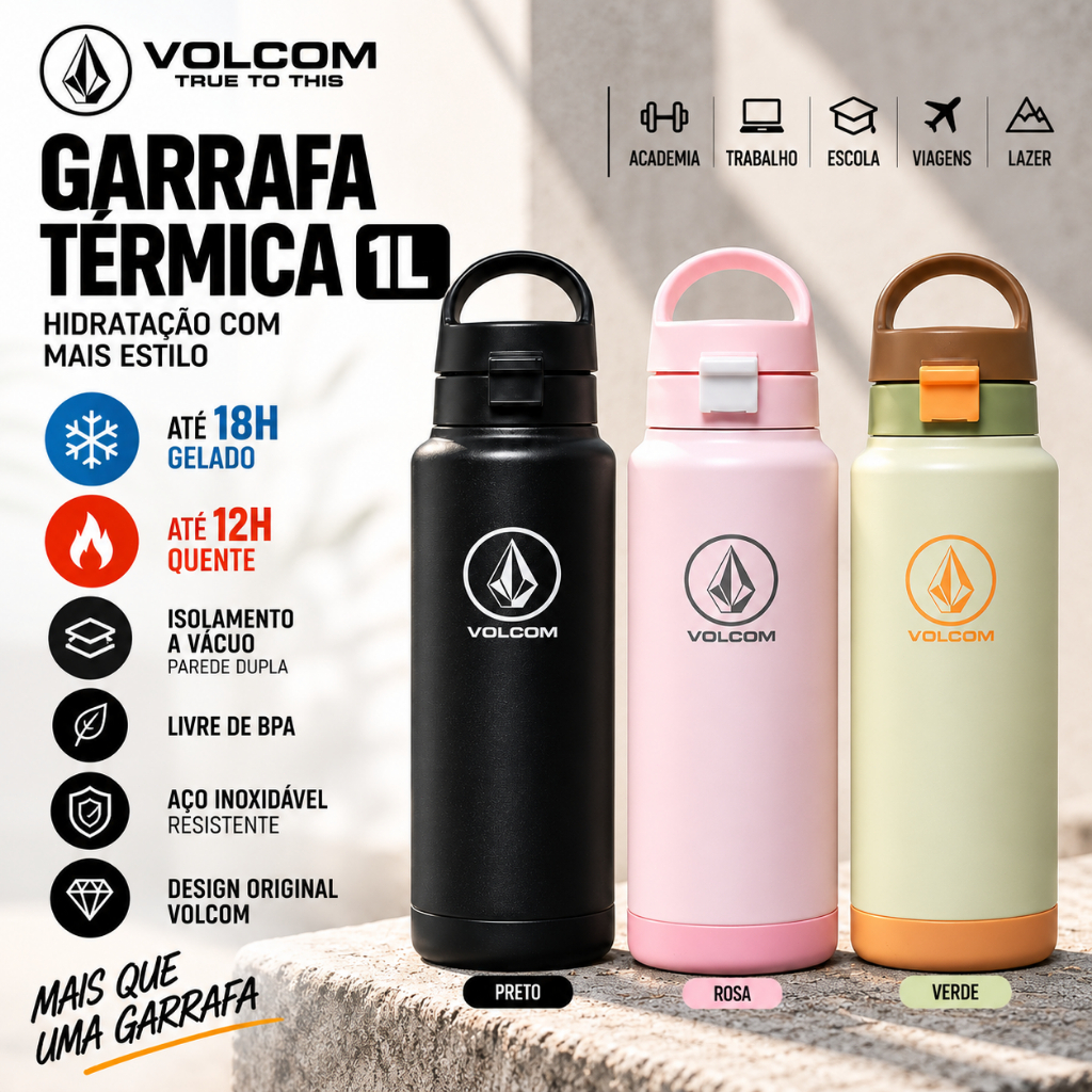 Garrafa Térmica Volcom 1L Inox com Canudo Isolamento a Vácuo Quente e Frio