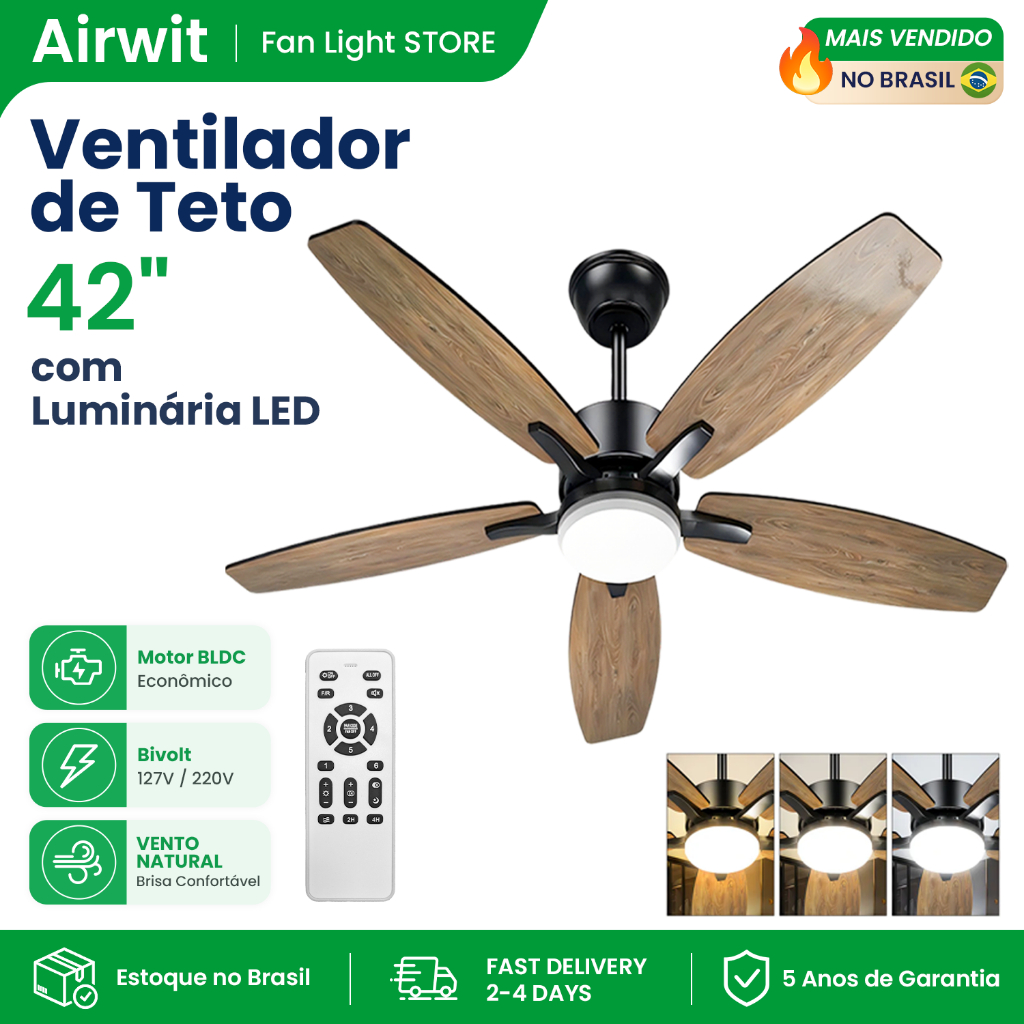 Airwit 42 Inch 5 Pás Ventilador De Teto Com Luminária LED Bivolt Controle Remoto 6 Velocidades Silencioso