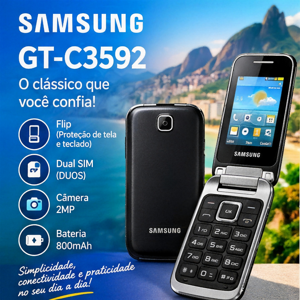 32GB 2MP Celular Samsung GT-C3592 Dobrável Dual Chip Tela 2.4 T9 Teclado Físico Bateria Longa Duração Celular Sênior