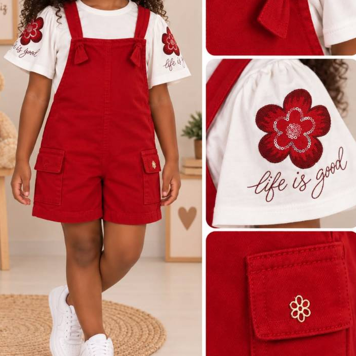 Jardineira Infantil e Juvenil Jeans Collor Com Blusa Godê Premium Detalhe Bordado Sarja Brim Collor.
