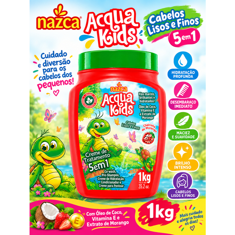 Creme de Pentear Acqua Kids Nazca 1kg – Cabelos Lisos e Finos 5 em 1, Hidratação, Desembaraço, Maciez e Brilho