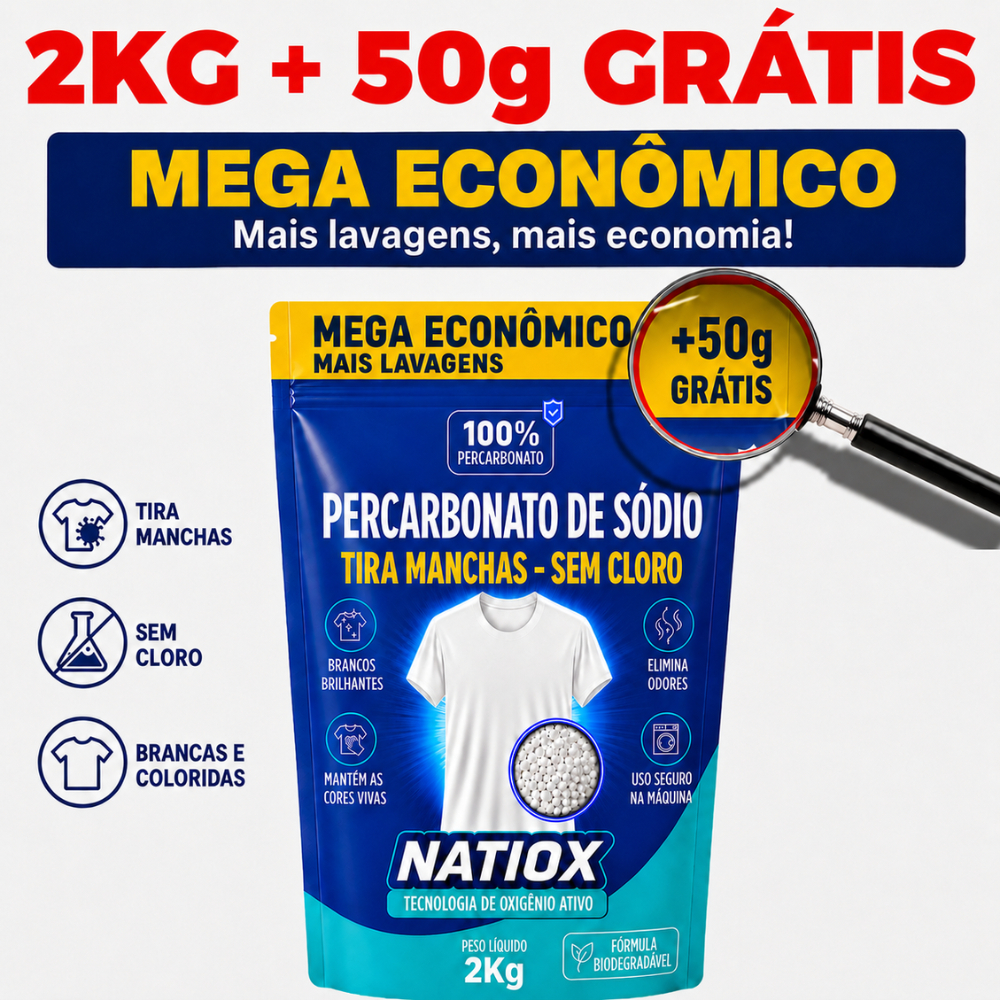 Percarbonato de Sódio 2KG+50g Grátis 100% Puro Natiox Granulado Tira Manchas Brancas e Coloridas