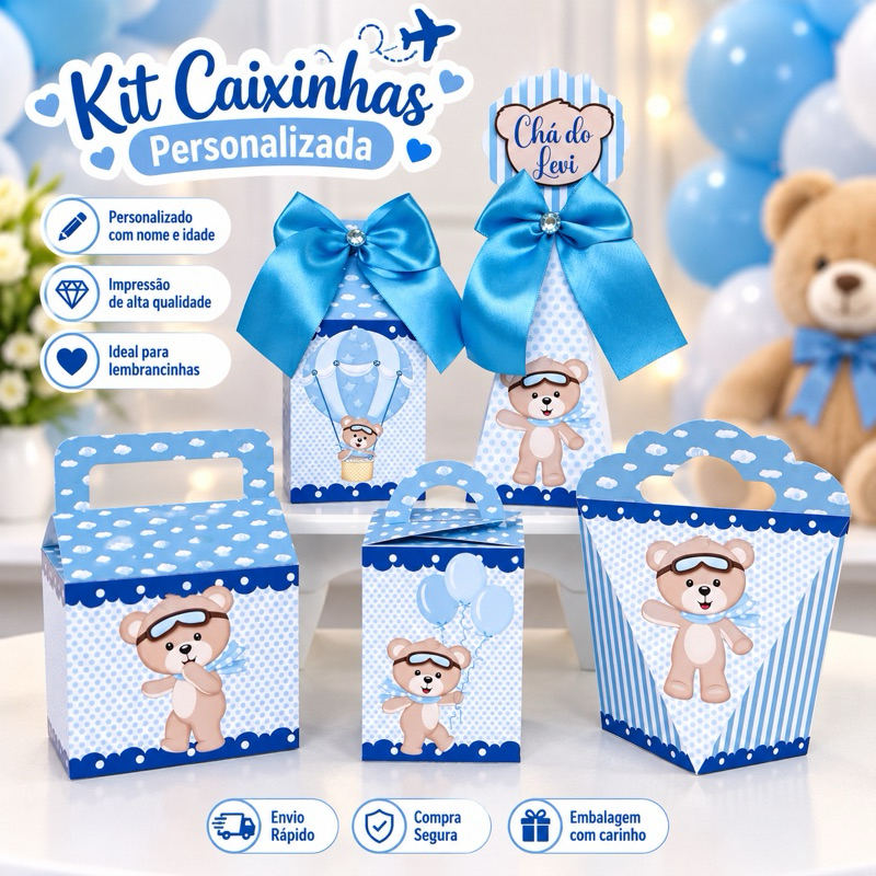 Kit Caixas Ursinho Baloeiro Personalizada / Lembrancinha de festa infantil/  Chá de Bebê / Chá Revelação