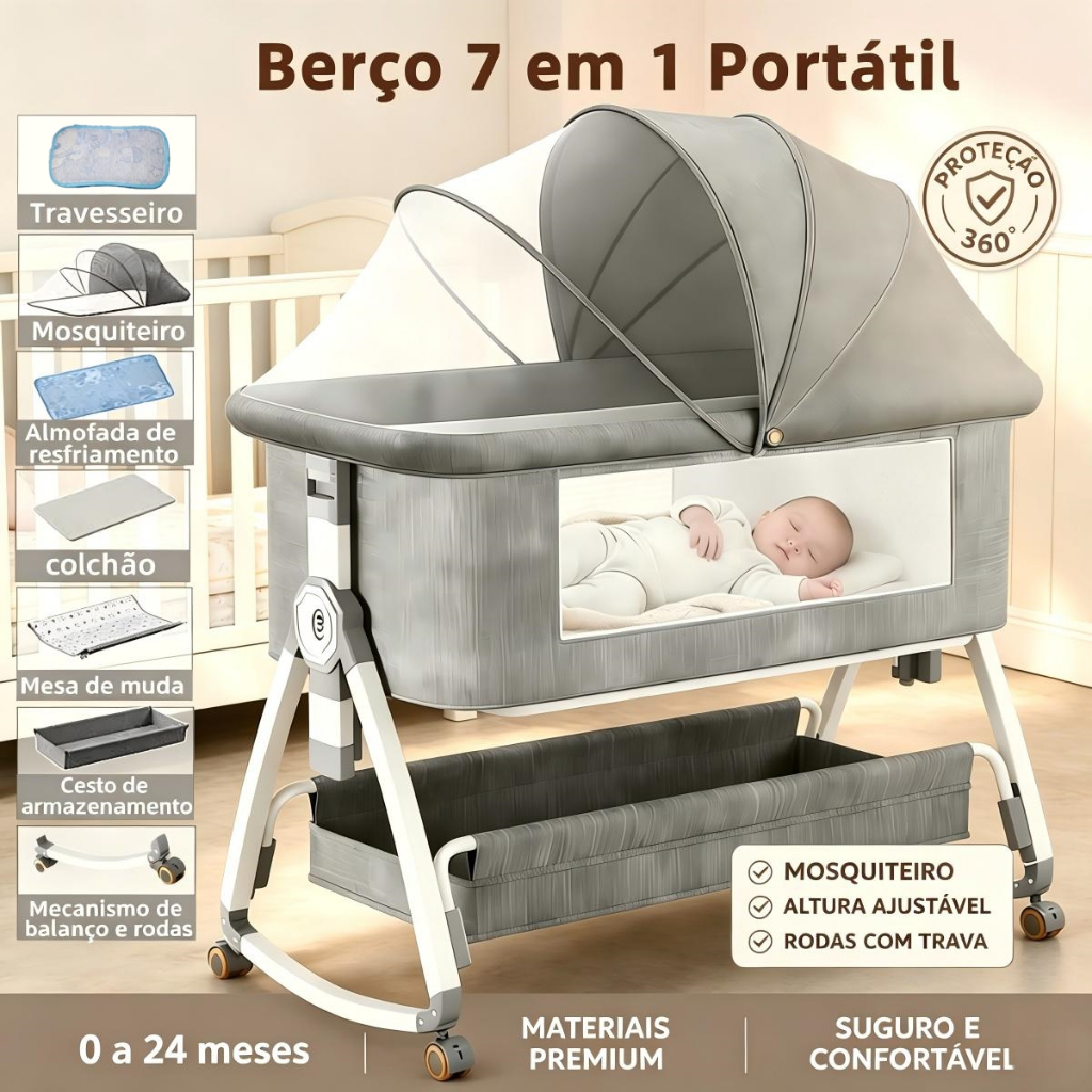 Berço Moisés 7 em 1 Portátil Co-bed Balanço Mosquiteiro Altura Ajustável Bebê Recém-Nascido 0-24M