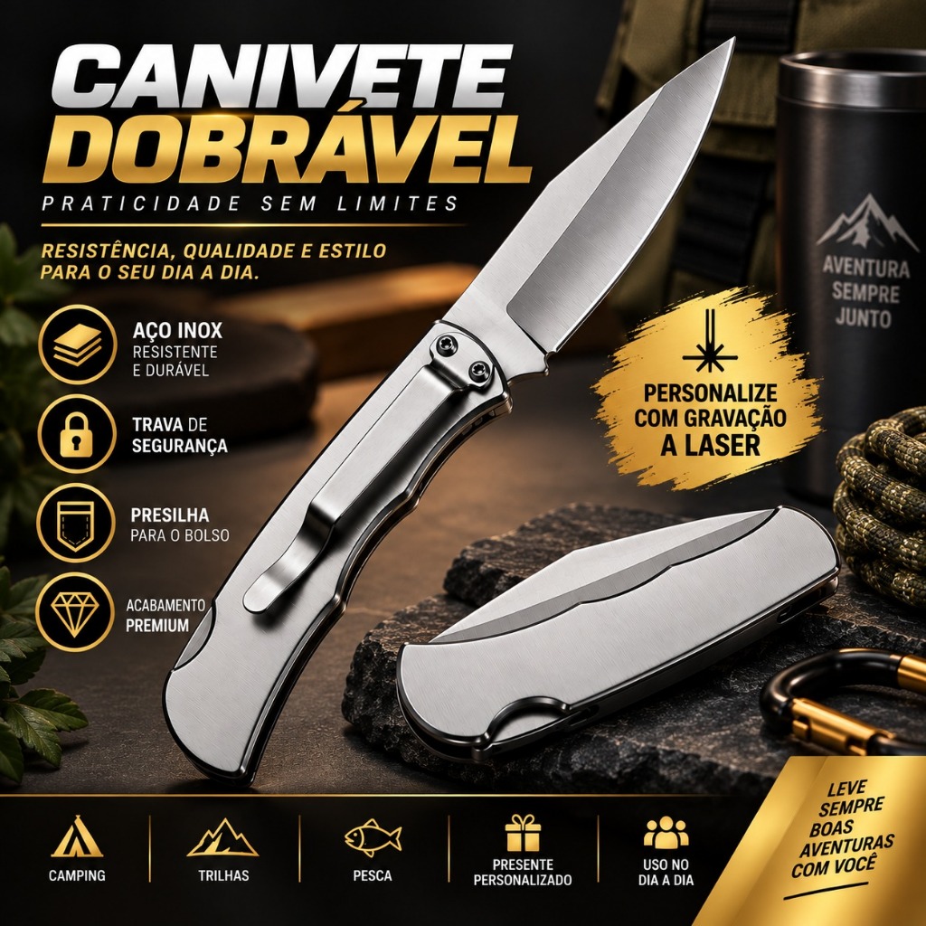 Canivete Dobrável Inox Premium 18,5cm com Trava e Presilha Personalizado Laser