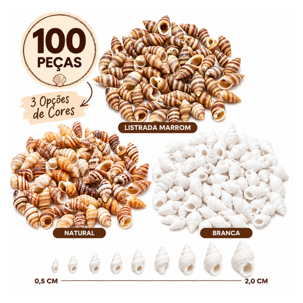 Kit 100 Peças Mini Concha Caramujo Espiral Listrado Com Furo Mar Praia Umbanda Noivado Lembrancinha