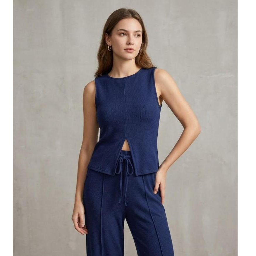 Conjunto Feminino Canelado Regata e Calça Pantalona Cintura Alta Elegante Casual Confortável Moda Feminina