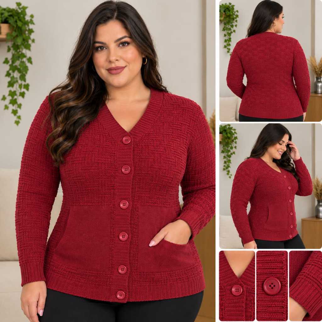 Casaco Geométrico Tricô Plus Size Cardigã Premium Feminino Agasalho De Frio Elegante Com Botões Bolso Manga Longa