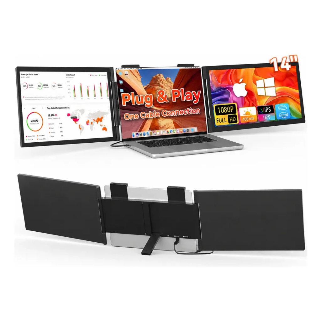 Extensor de Tela Duplo para Notebook 14" 2 Telas FHD 1080P IPS Monitor Portátil USB‑C HDMI Compatível Windows Mac