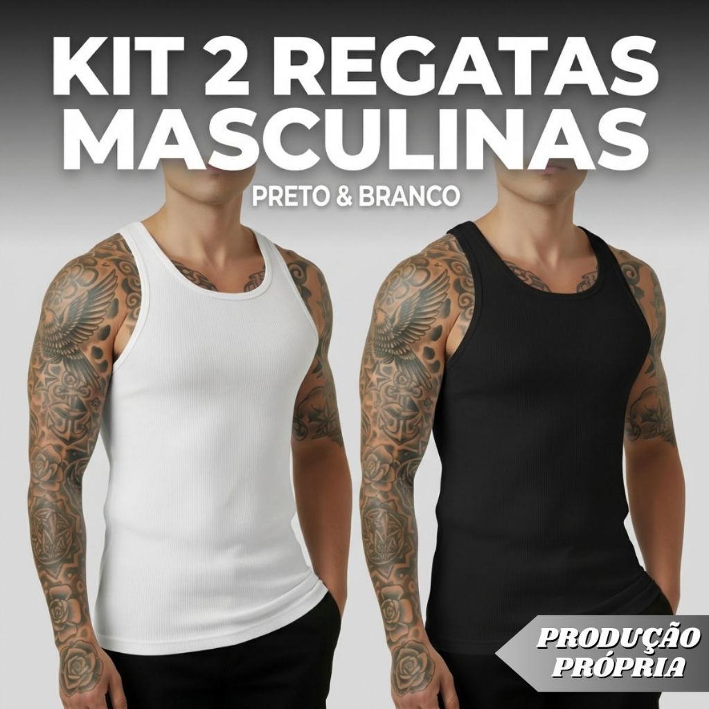 Kit 2 Regatas Masculina Canelada Americana Elastano Preta Branca Básica Slim Academia Treino Corrida