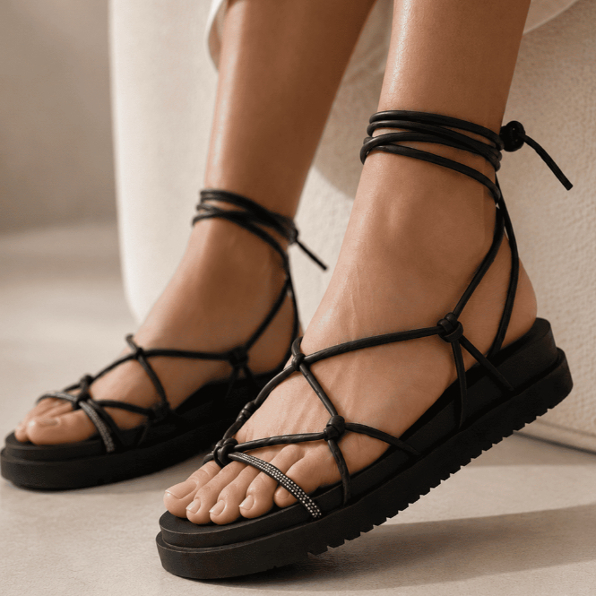 Sandália Papete Feminina Gladiadora Flatform Plataforma de Amarrar na Perna com Tiras Finas Strass Confortável Leve