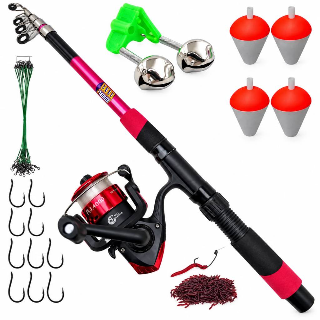 Kit De Pesca Completo Vara Telescópica 1.70 + Molinete + Linha E acessórios / Cor Rosa Para Mulher