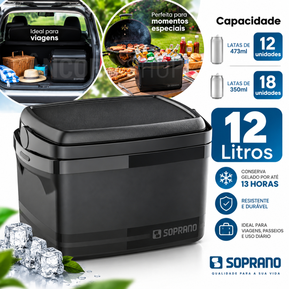 Caixa Térmica Cooler Soprano 12L com Alça Tampa Porta Latas Bebidas Praia Camping Alimentos e Sorvetes Preta 12 Litros