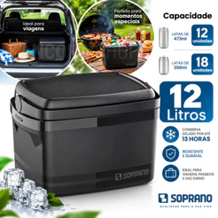 Caixa Térmica Cooler Soprano 12L com Alça Tampa Porta Latas Bebidas Praia Camping Alimentos e Sorvetes Preta 12 Litros