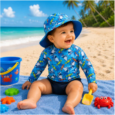 Kit Blusa com Proteção Solar UV50 Tapa Fraldas Chapéu Bebê e Infantil Moda Praia Meninos Diju